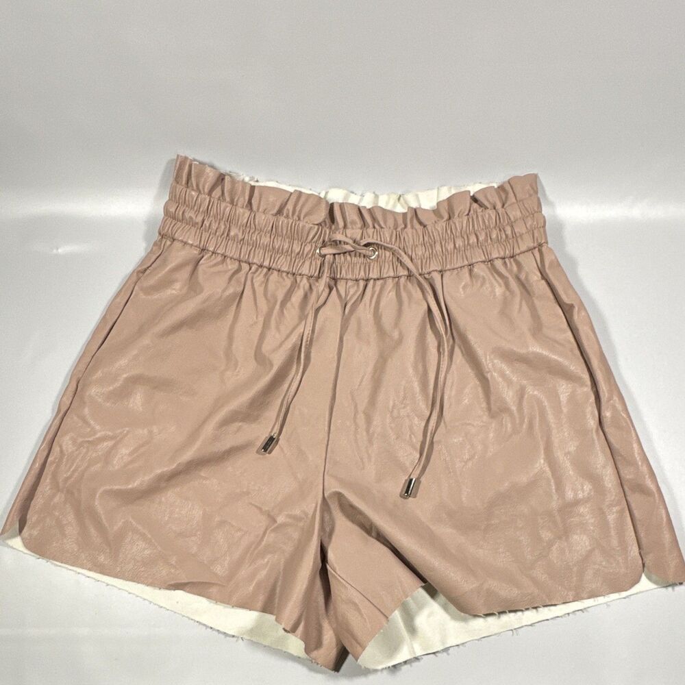 Zenana Women's Faux Leather High Rise Elastic Waist Drawstring Shorts Beige L
